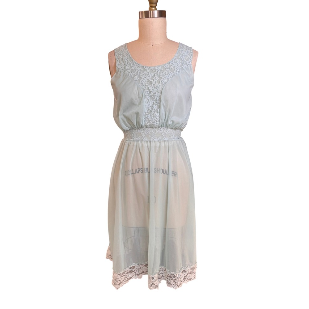 Lace Trim Sheer Pastel 70s Nightgown Sleeveless Ribbon Tie Medium Blue Vintage